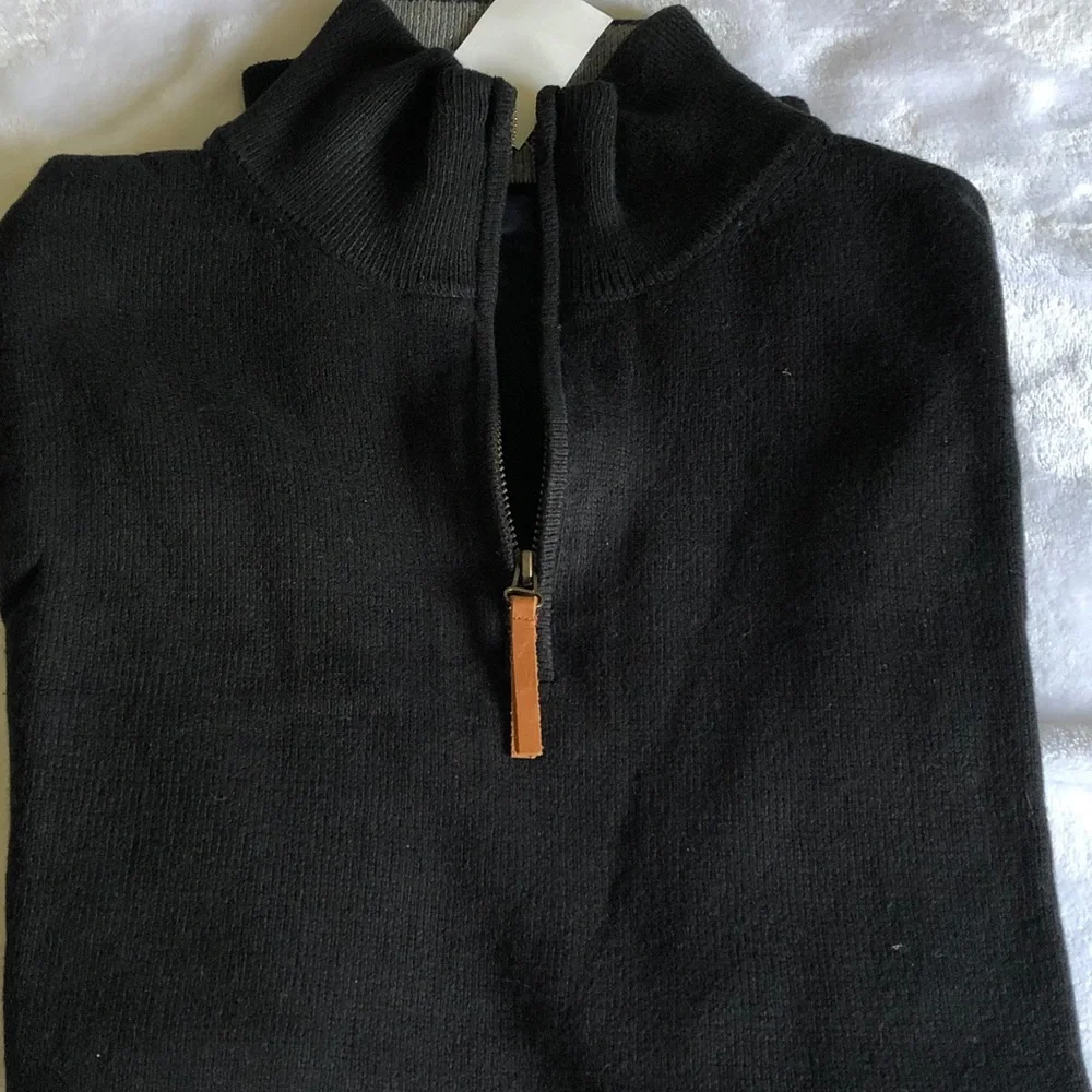 J. Crew Men's Navy Half-Zip Sweater with Gray Collar and Leather Pull